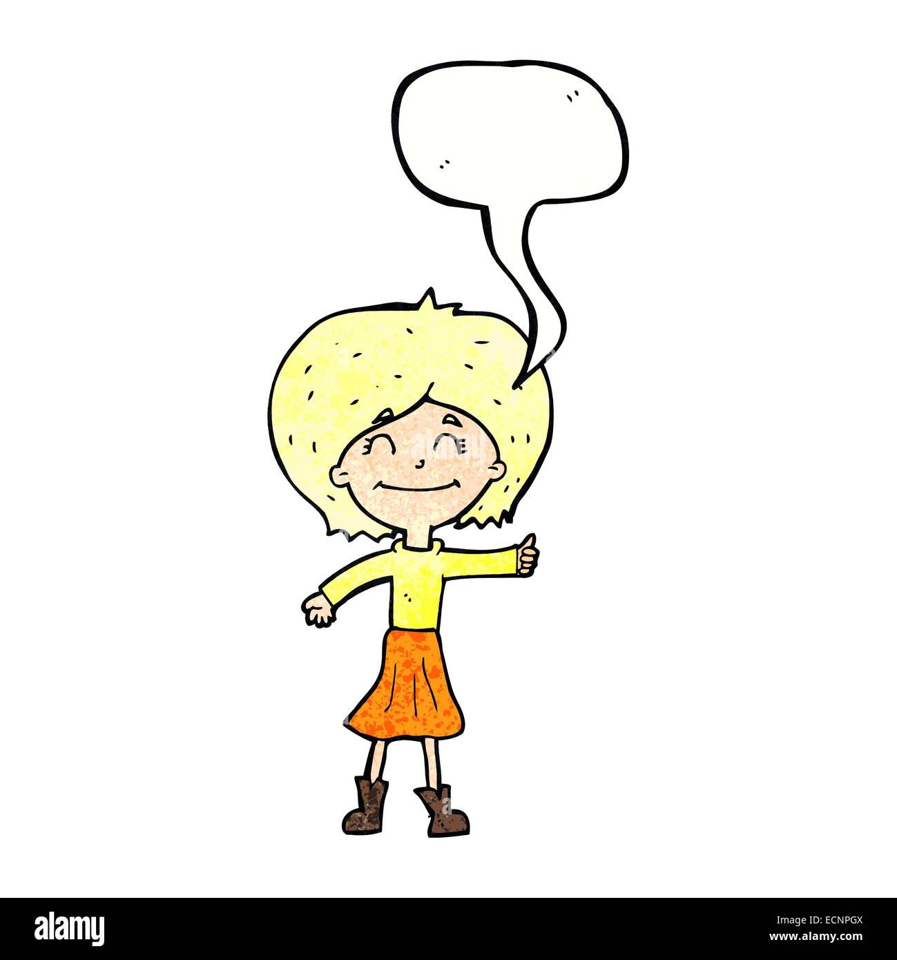 cartoon happy girl giving thumbs up symbol with speech bubble Stock ...