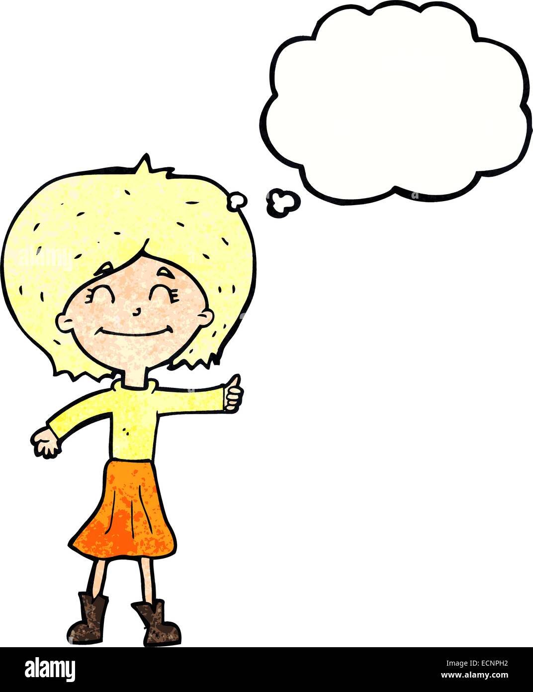 cartoon happy girl giving thumbs up symbol with thought bubble Stock ...