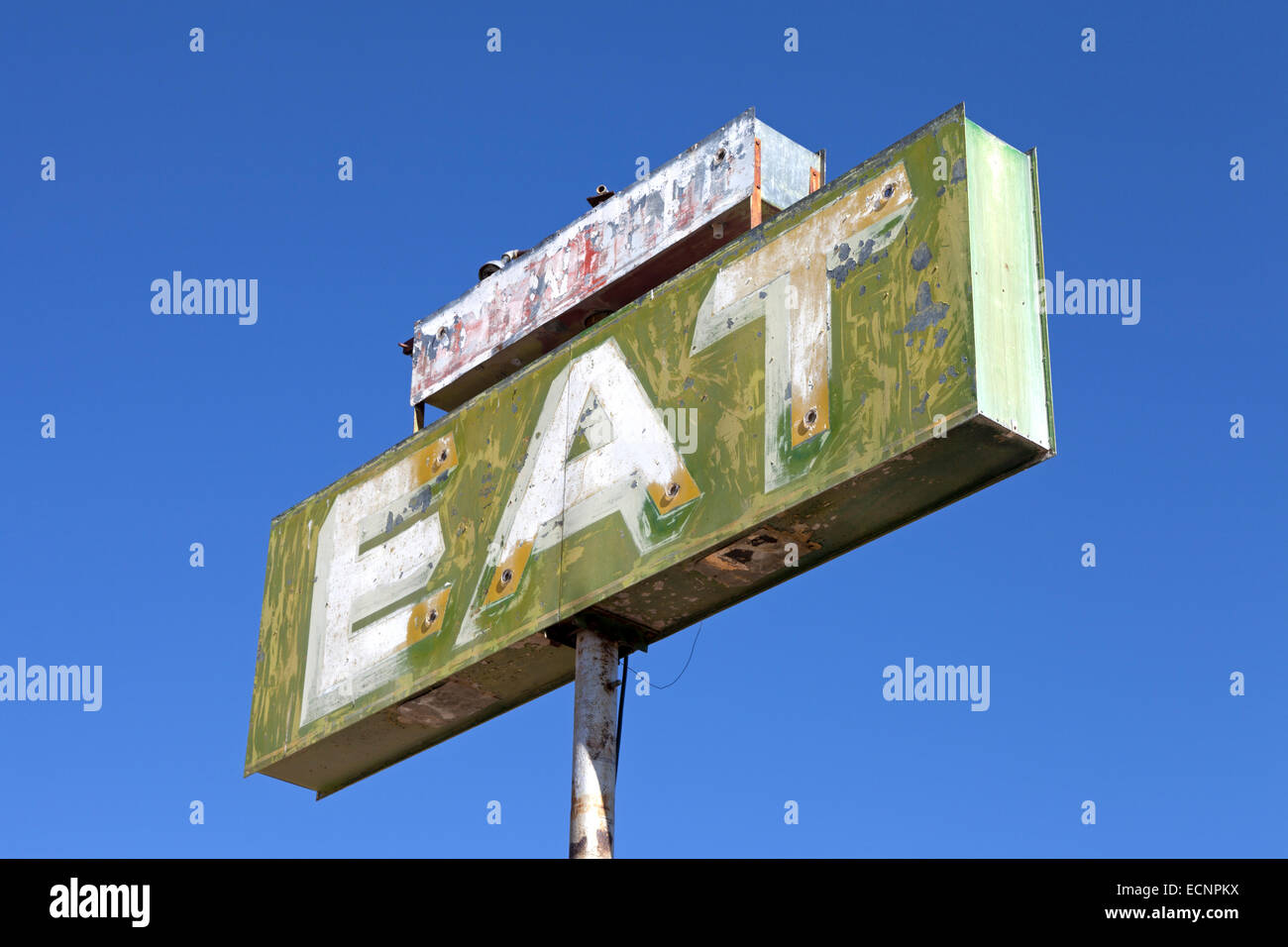 Sign for an abandoned resturaunt near Pearsonville in California's Mojave Desert along US 395. Stock Photo