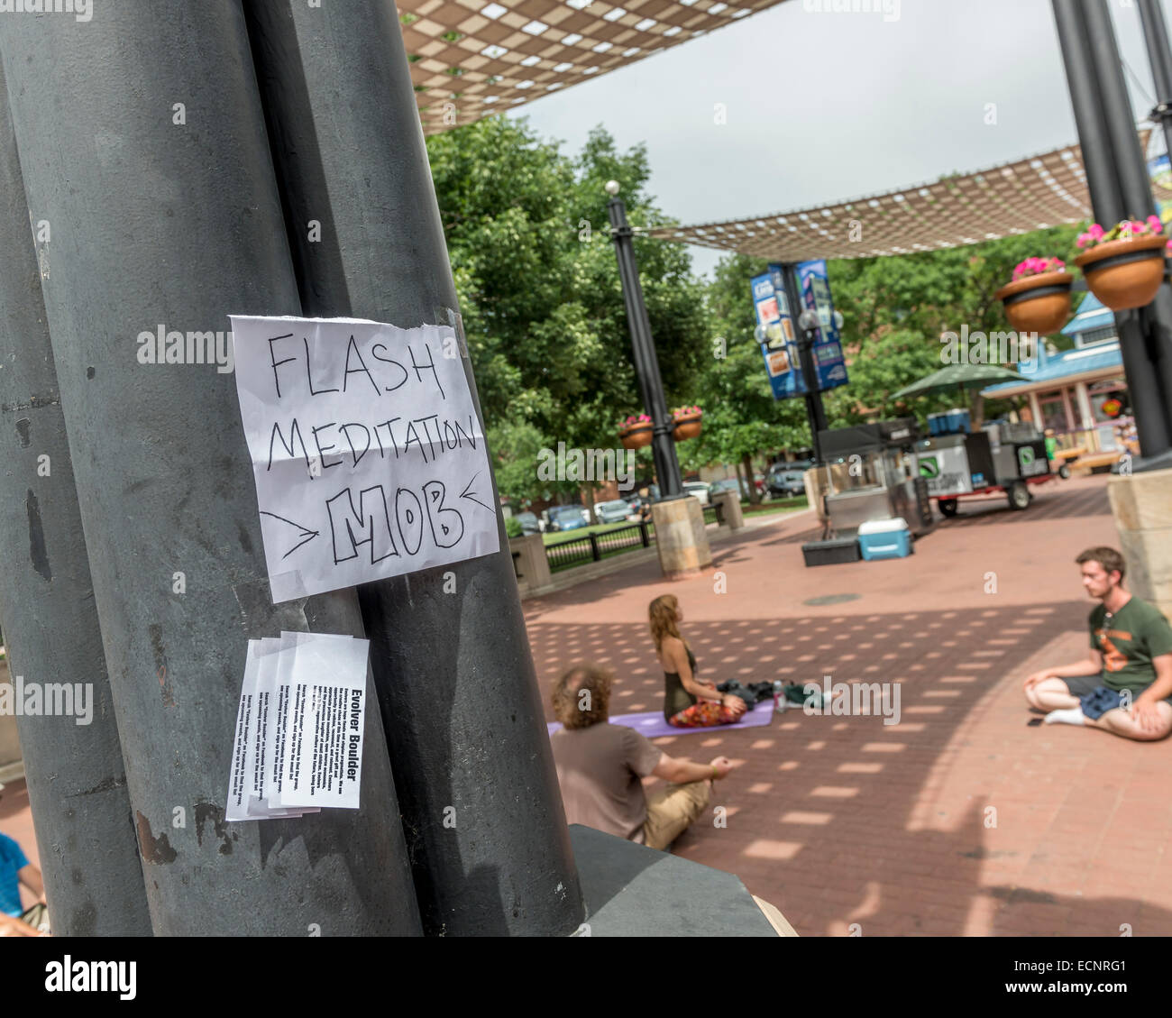 Flash meditation mob. Pearl Street. Boulder. Colorado. USA Stock Photo