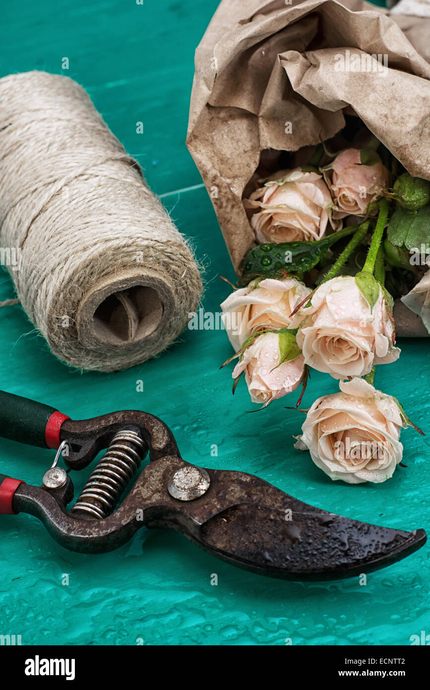 garden tool and fresh roses Stock Photo Alamy