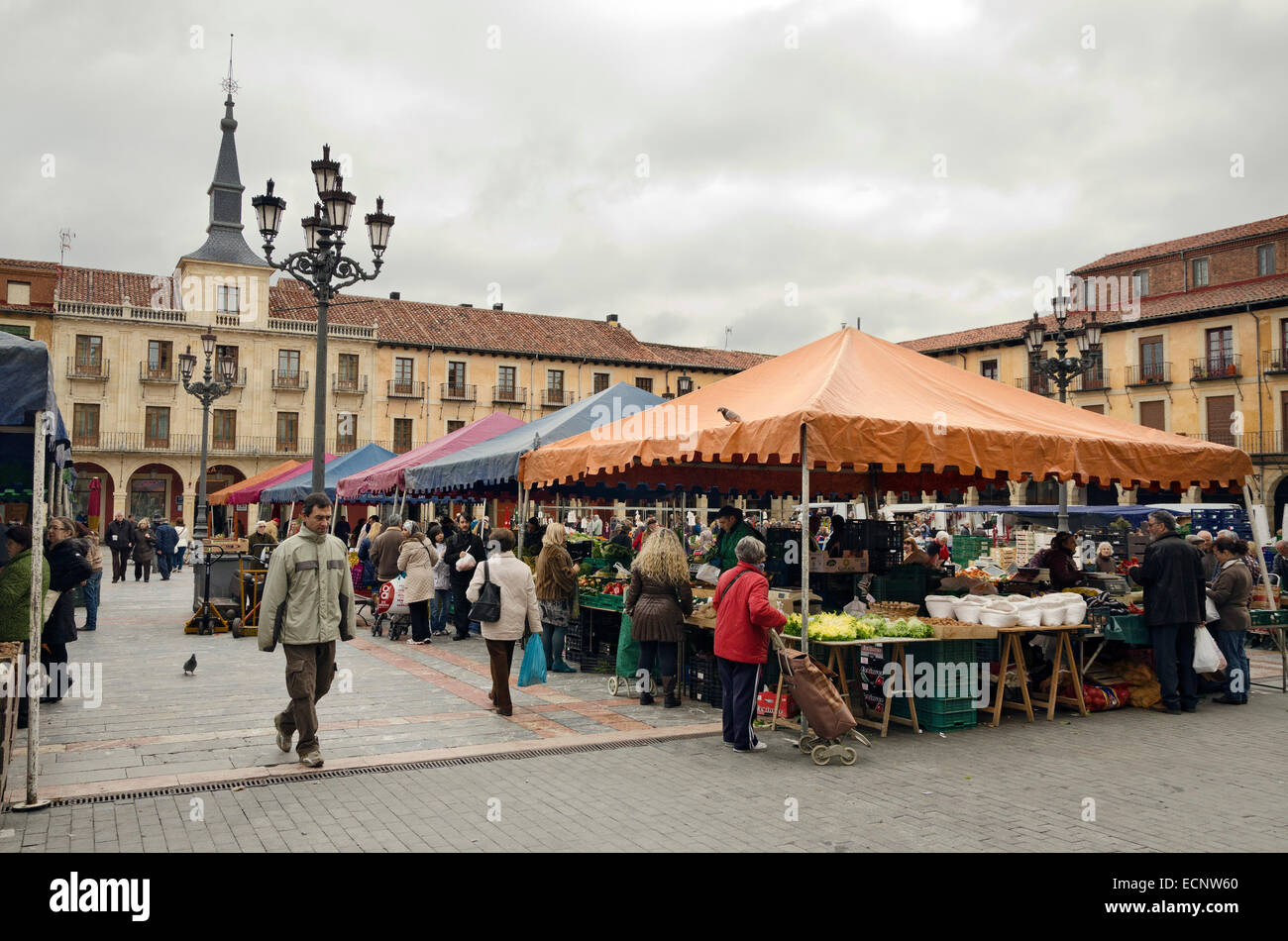 LEON, SPAIN - JANUARY 30, 2013: Popular market of fruits and vegetables in the main square, on January 30, 2013 in Leon, Spain Stock Photo