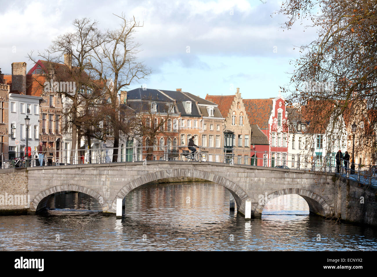 A man cycling on a bridge over the canal in winter, Bruges, Belgium, Europe Stock Photo