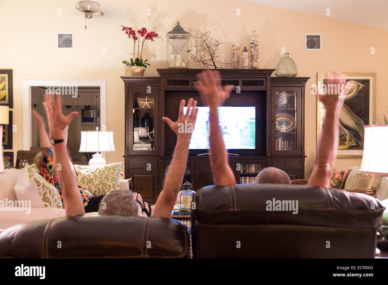Mature Friends Watching Football Game an Gesturing Touchdown on TV Stock  Photo - Alamy