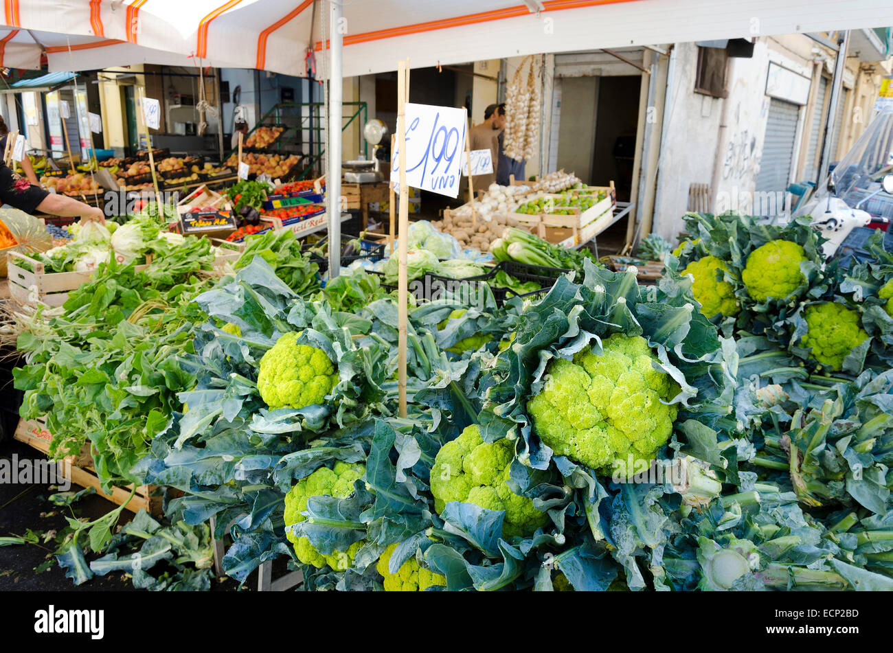 PALERMO, SICILY, ITALY - OCTOBER 3, 2012: A greengrocer street, it is packed with cauliflower, on October 3, 2012 in Palermo, It Stock Photo