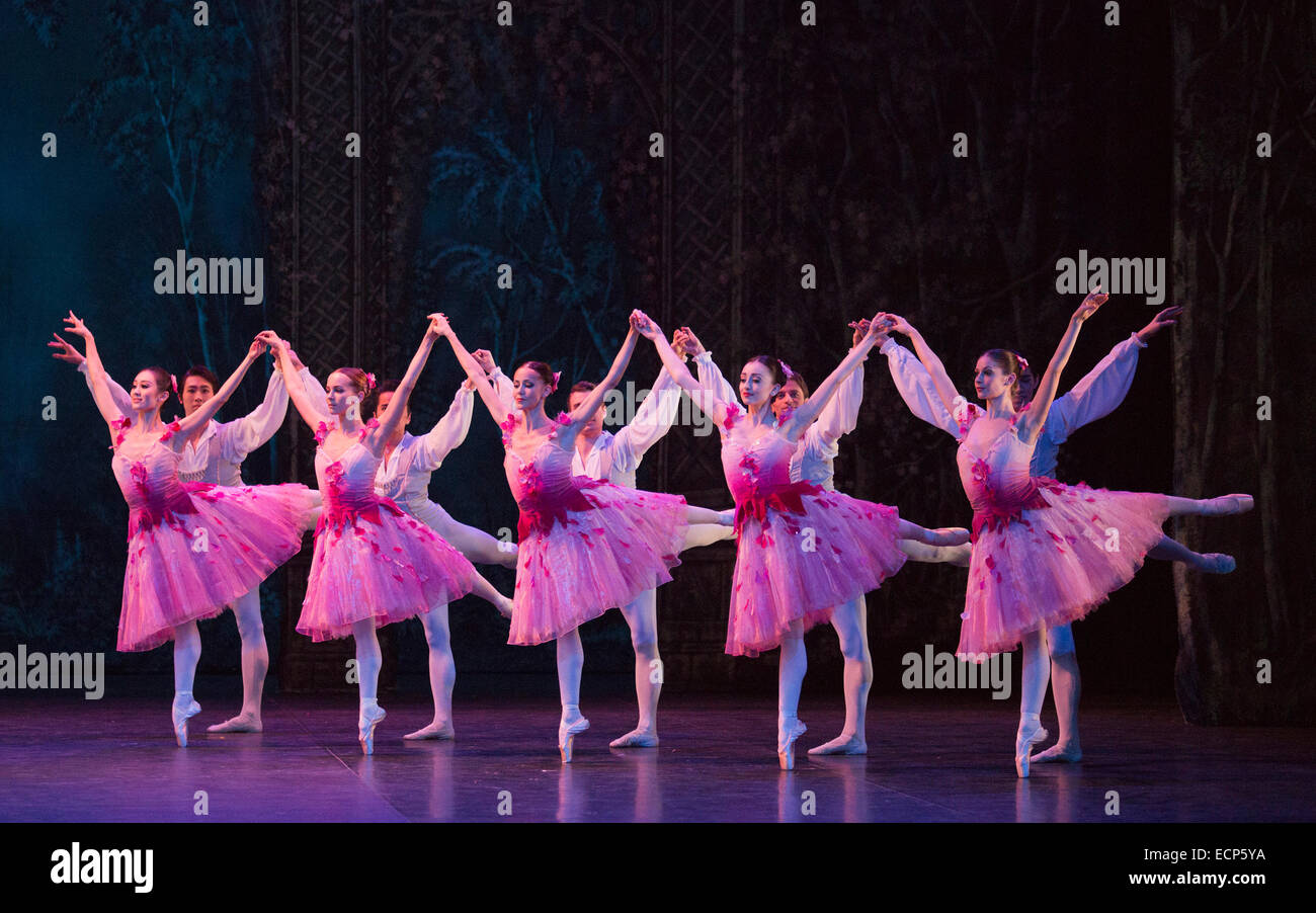 Waltz of the Flowers with dancers of the English National Ballet and Students from the English National Ballet School. Dress rehearsal for the ballet 'The Nutcracker' at the London Coliseum. Set to music by Pyotr Ilyich Tchaikovsky, the traditional Christmas ballet is choreographed by Wayne Eagling based on a concept by Toer von Schayk and Wayne Eagling. The English National Ballet Philharmonic orchestra accompanies dancers from the English National Ballet and Students from the English National Ballet School. Children performers are from the Tring Park School for the Performing Arts. Stock Photo