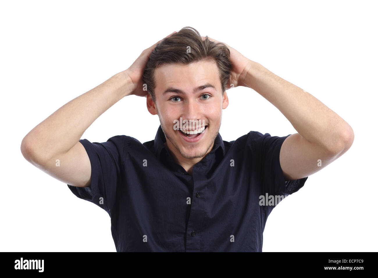 Surprised happy man smiling with hands on head isolated on a white background Stock Photo