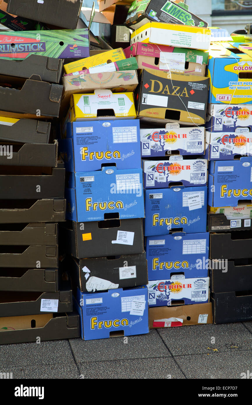 Cardboard fruit vegetable boxes stacked hires stock photography and