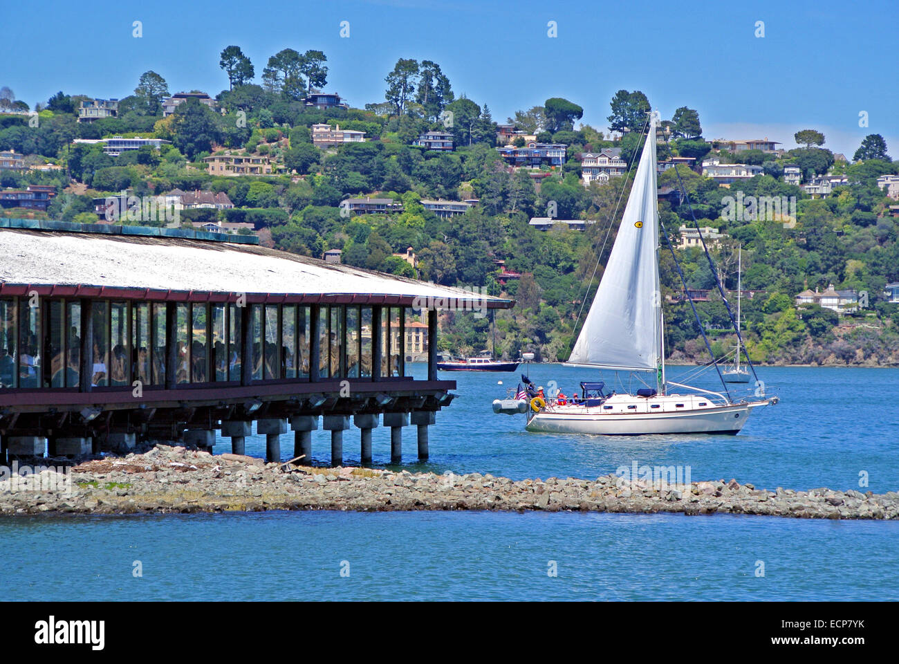 view of a waterfront restaurant on San Francisco Bay in Sausalito California Stock Photo