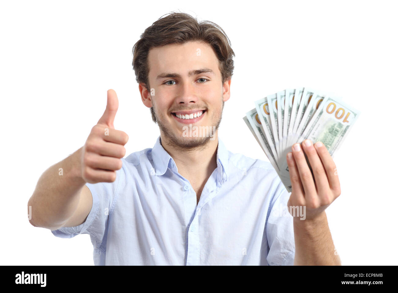 Young man holding money with thumbs up on a white background Stock