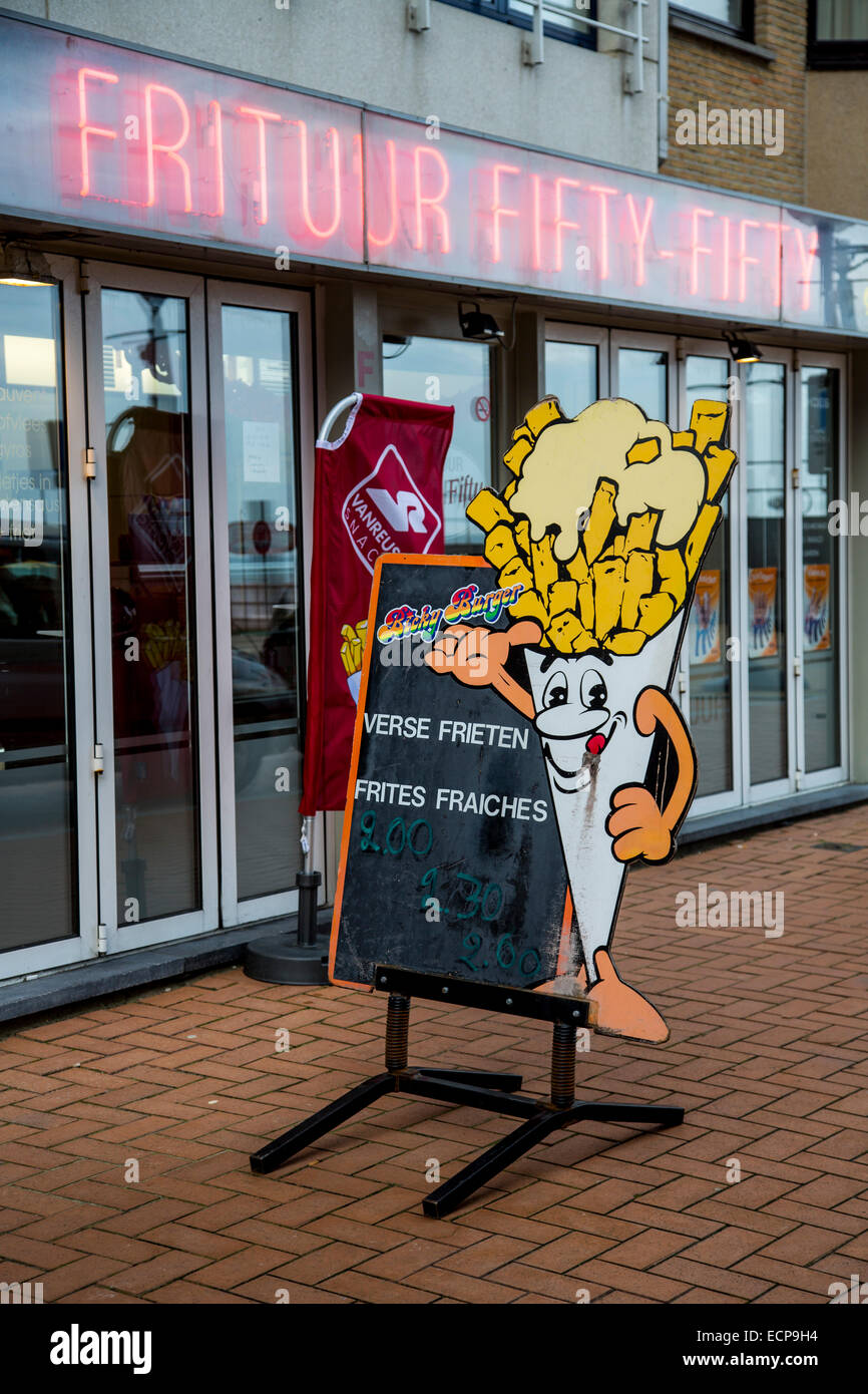 Belgian North Sea coast, fast food restaurant. Belgium is famous for French fries. Stock Photo