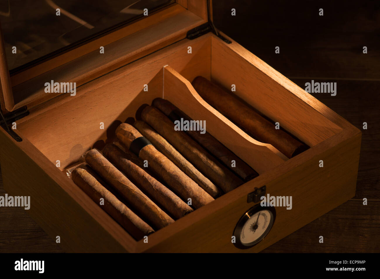 Selective focus on the great vintage humidor with Cuban cigars Stock Photo