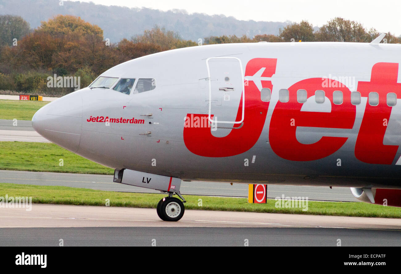 Jet2 Airlines Boeing 737, taxiing at Manchester International Airport Runway. Stock Photo