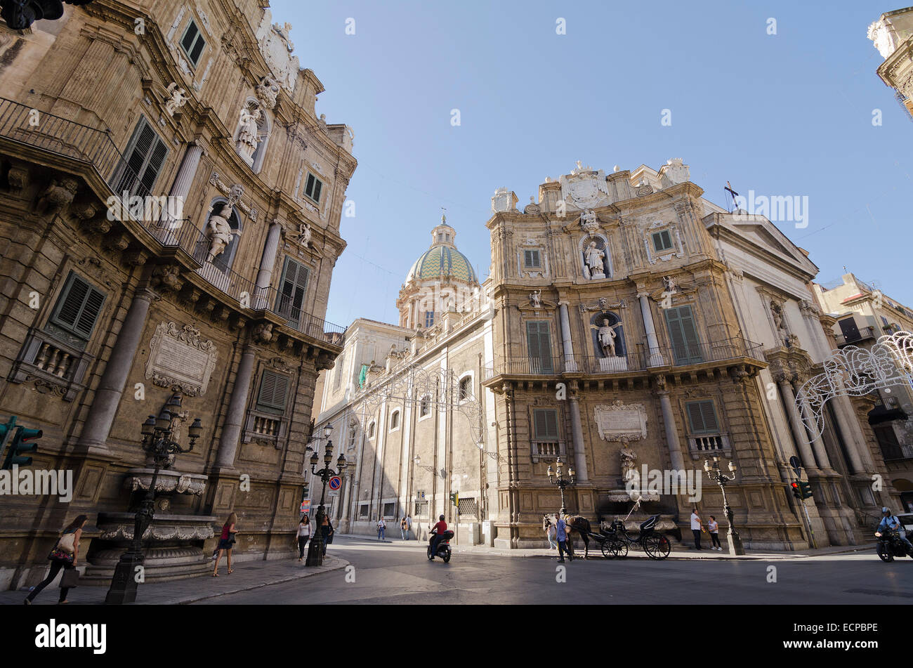 PALERMO, SICILY, ITALY - OCTOBER 3, 2012:  a view of the baroque square of Quattre Canti on October 3, 2012 in Palermo, Italy Stock Photo