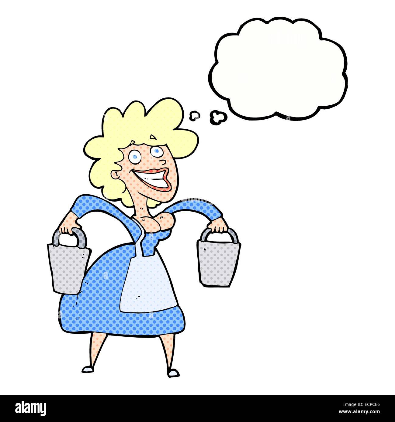 cartoon milkmaid carrying buckets with thought bubble Stock Vector