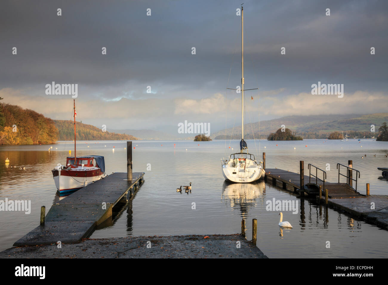 Boats at Bowness on Windermere in the Lake District National Park. Stock Photo