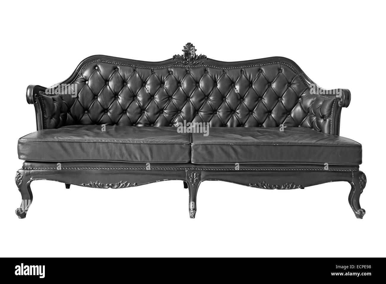 isolated Armchair black genuine leather classical style sofa with clipping path Stock Photo