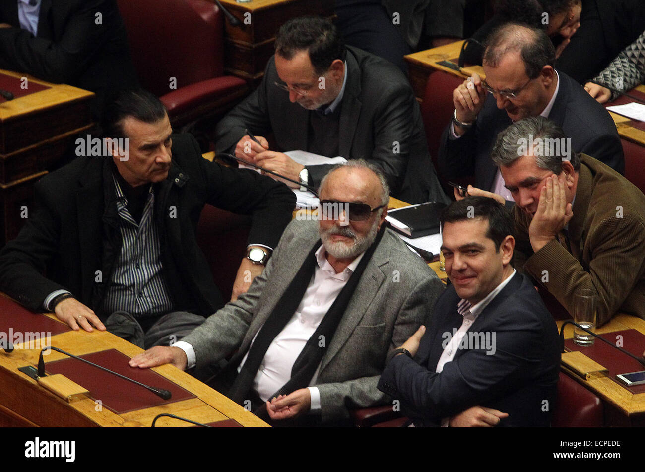 Athens, Greece. 17th Dec, 2014. Alexis Tsipras (1st R), leader of the main opposition left-wing Syriza, attends the first round of voting to elect a new president of the Hellenic Republic at the Parliament in Athens, Greece, Dec. 17, 2014. Greek parliament failed on Wednesday to elect a new President of the Hellenic Republic in the televised first round of the roll-call vote on Wednesday evening. Credit:  Marios Lolos/Xinhua/Alamy Live News Stock Photo