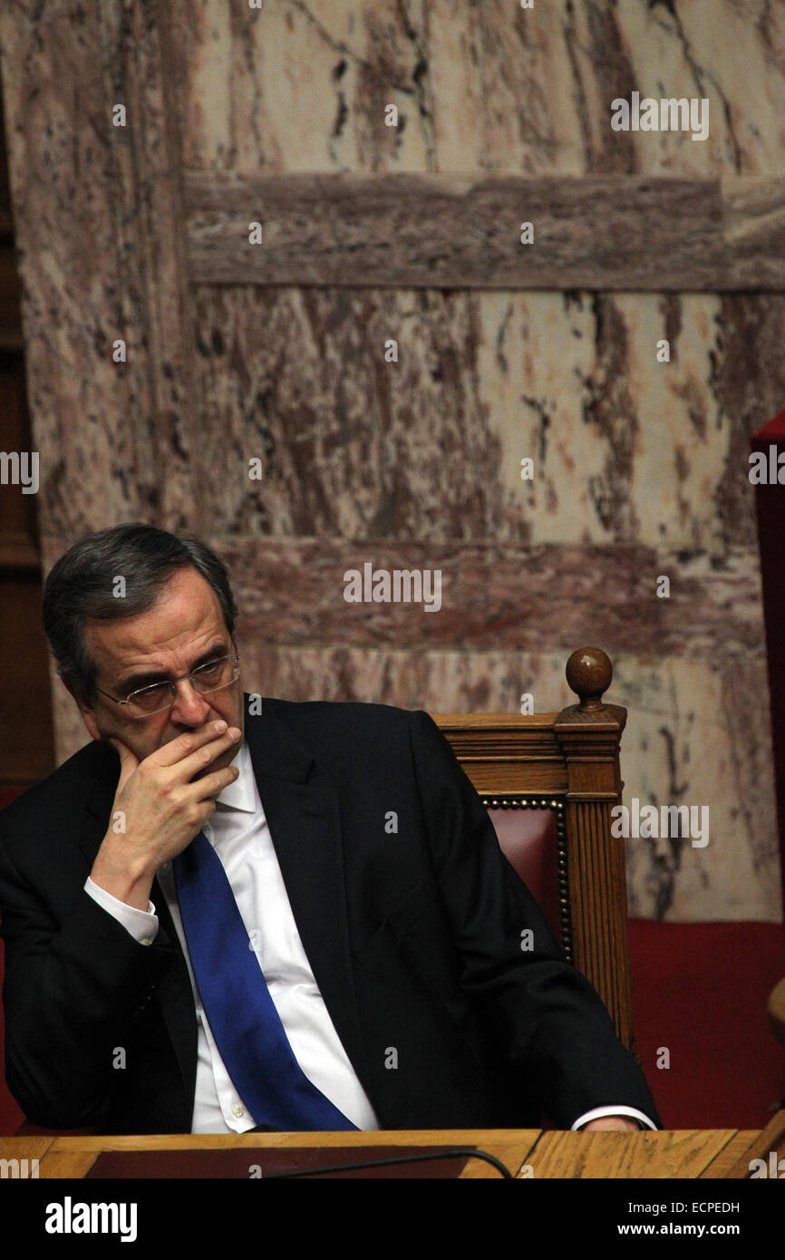 Athens, Greece. 17th Dec, 2014. Greece's Prime Minister Antonis Samaras attends the first round of voting to elect a new president of the Hellenic Republic at the Parliament in Athens, Greece, Dec. 17, 2014. Greek parliament failed on Wednesday to elect a new President of the Hellenic Republic in the televised first round of the roll-call vote on Wednesday evening. Credit:  Marios Lolos/Xinhua/Alamy Live News Stock Photo