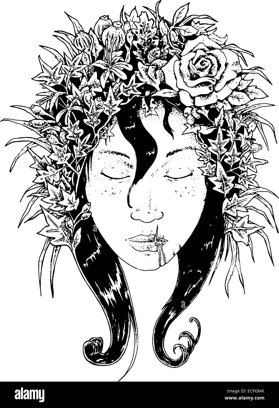 female face with flowers in hair black and white illustration Stock ...