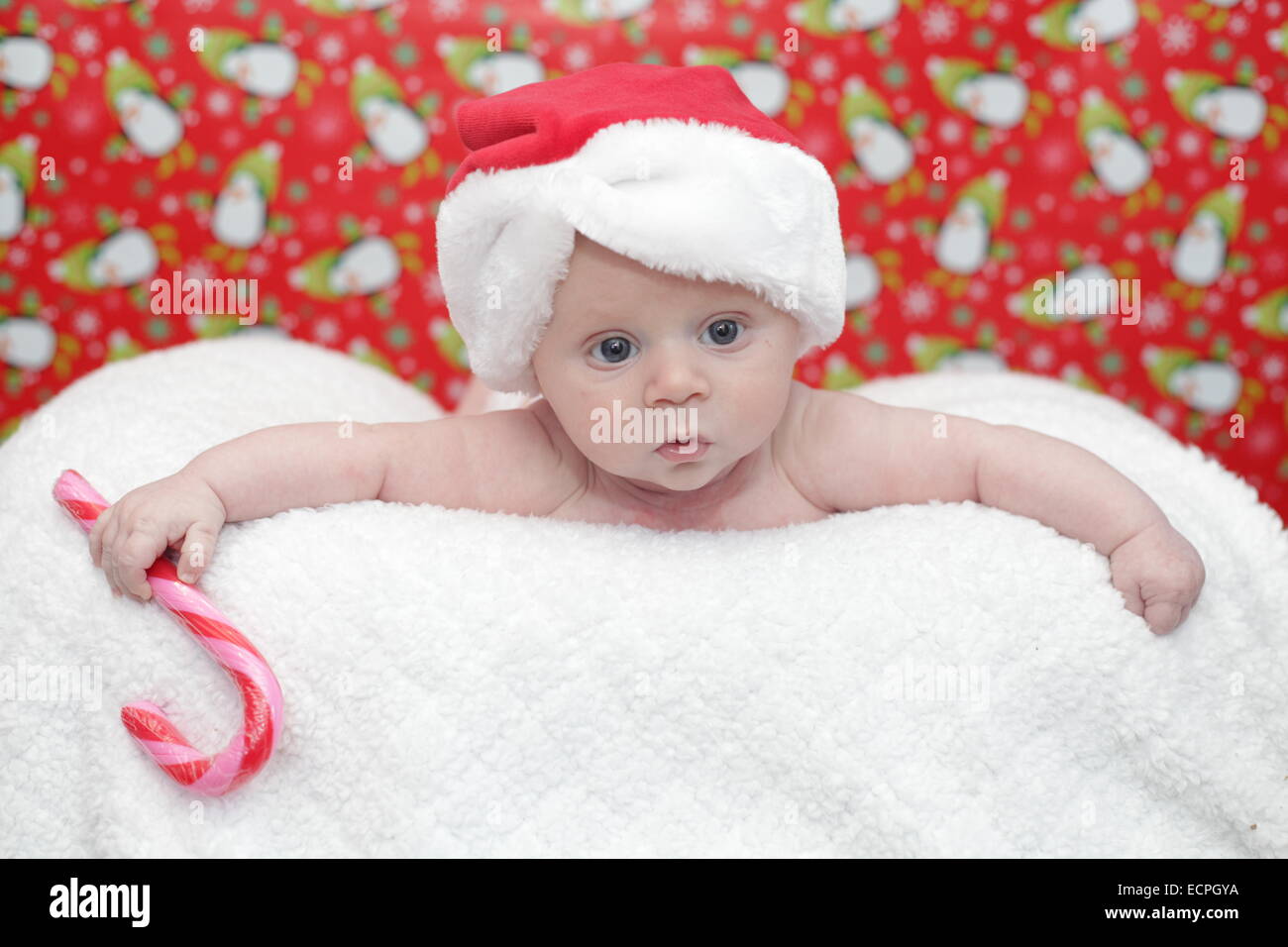 Baby boy in a Santa hat Stock Photo Alamy
