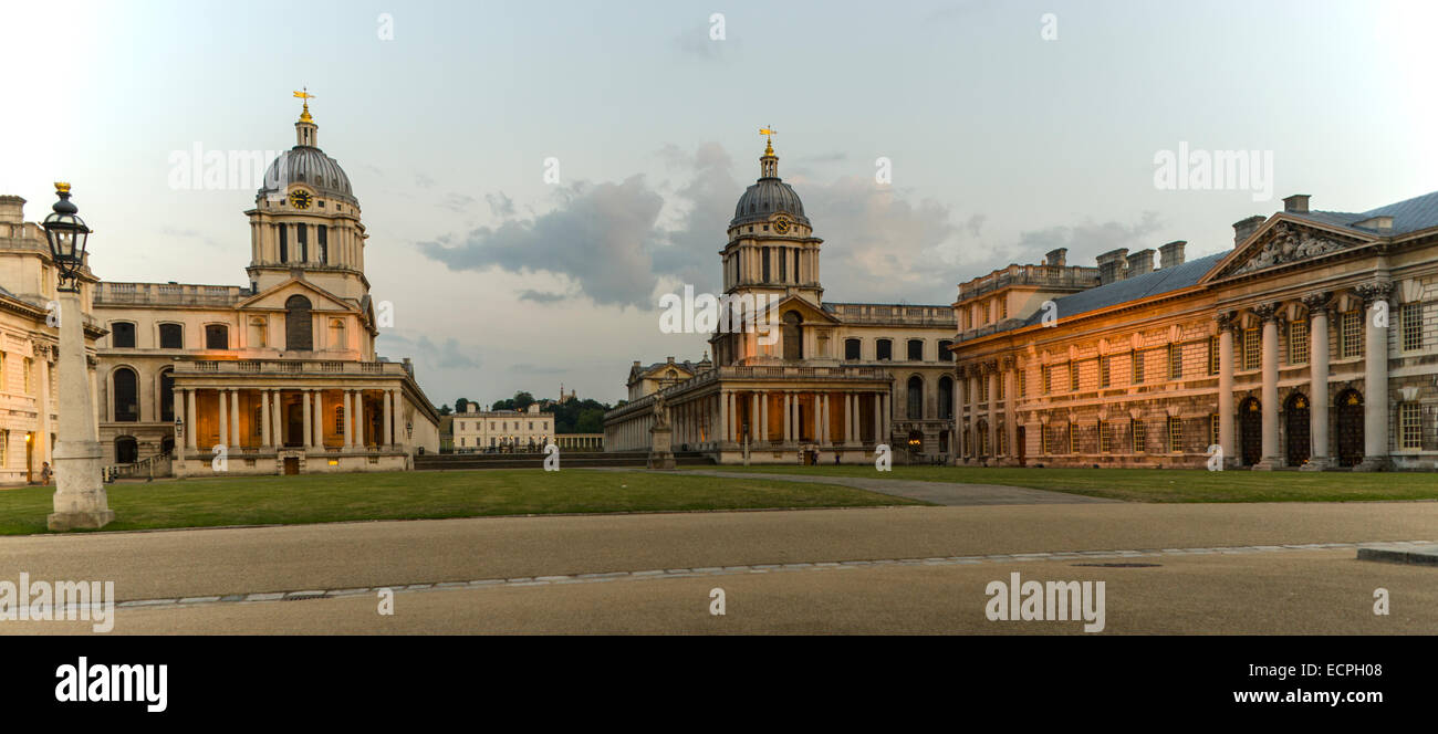 Greenwich naval college, maritime museum and obsevatory in evening light. Stock Photo