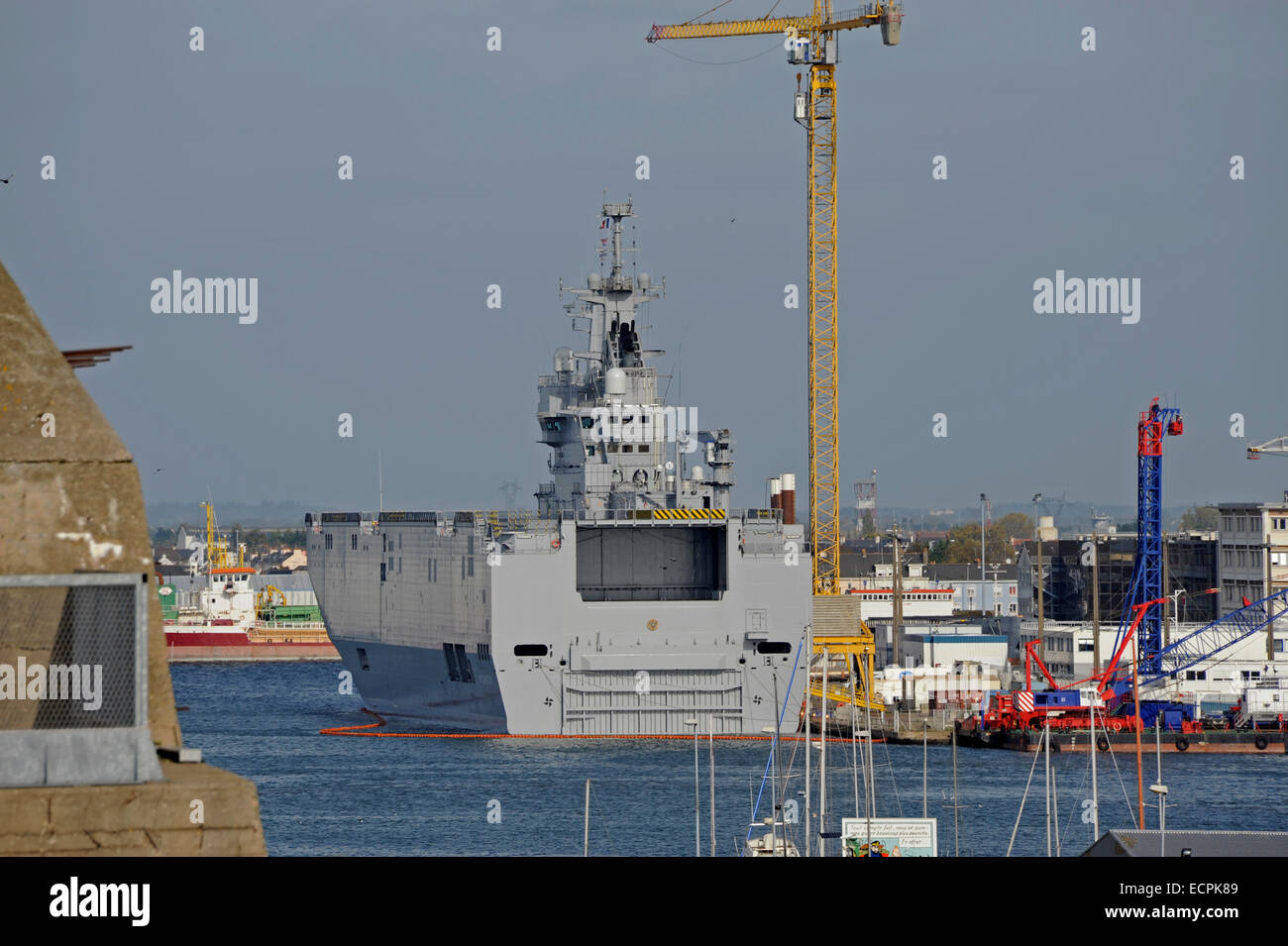 Mistral class Vladivostok for Russia,landing helicopter dock,LHD,in Saint-Nazaire harbour,Loire-Atlantique,France Stock Photo
