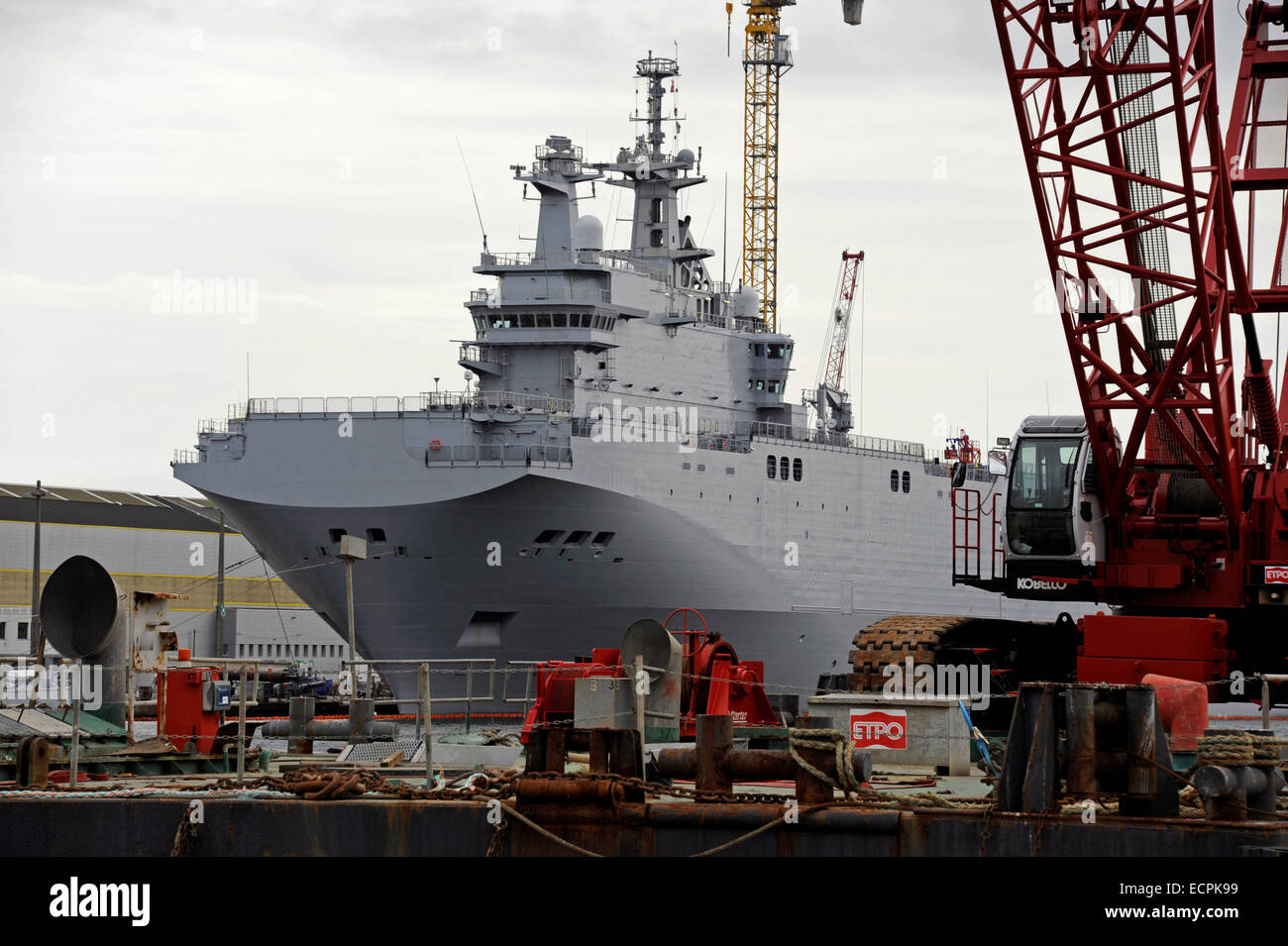 Mistral class Vladivostok for Russia,landing helicopter dock,LHD,in Saint-Nazaire harbour,Loire-Atlantique,France Stock Photo