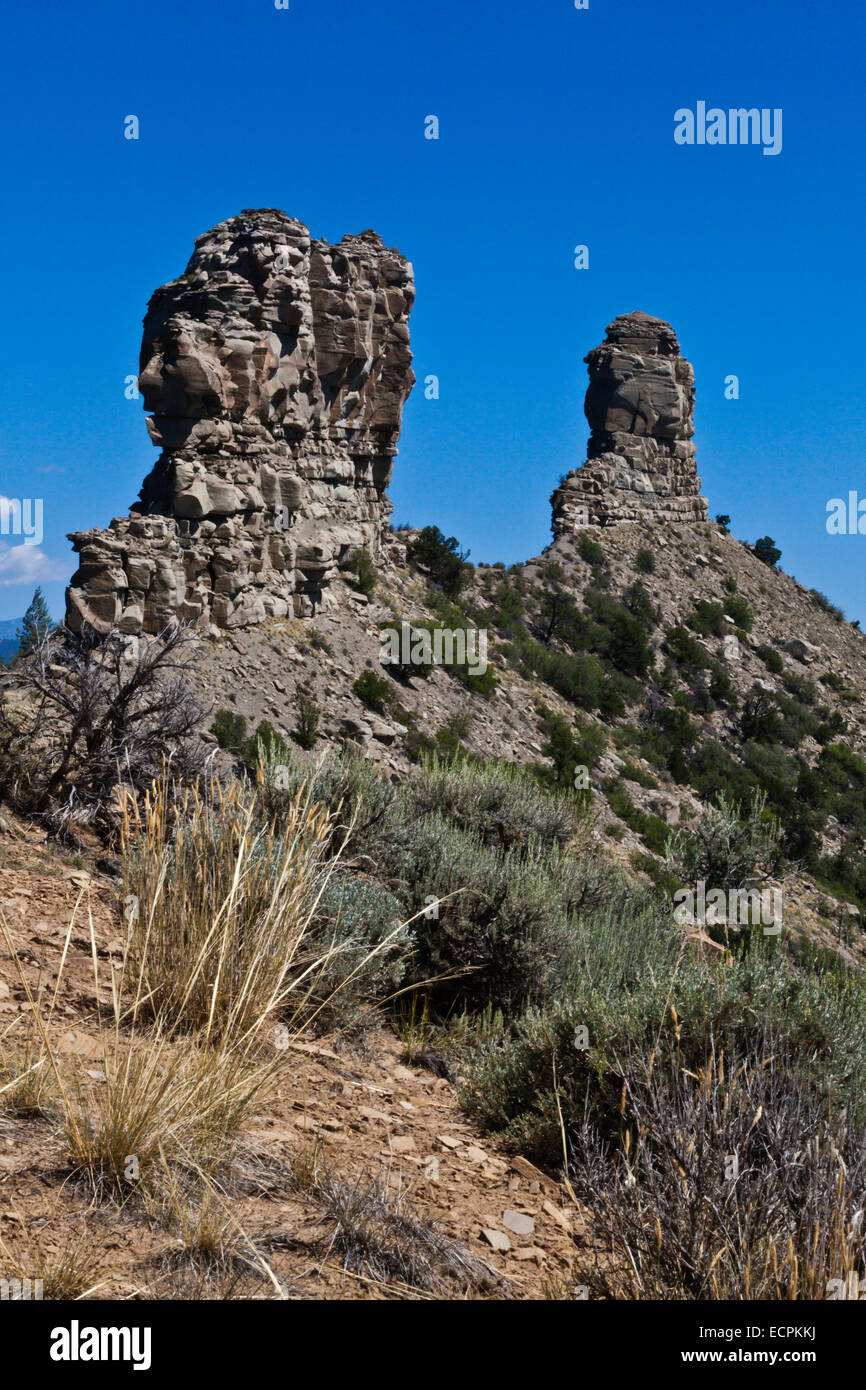 The twin pinnacles at the CHIMNEY ROCK NATIONAL MONUMENT- SOUTHERN COLORADO Stock Photo
