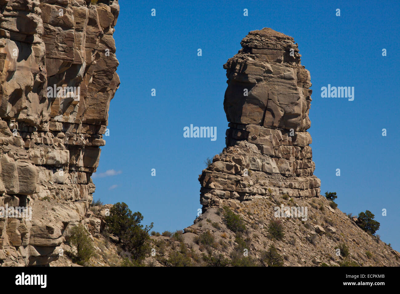 A view of the two pinnacles at CHIMNEY ROCK NATIONAL MONUMENT - SOUTHERN COLORADO Stock Photo