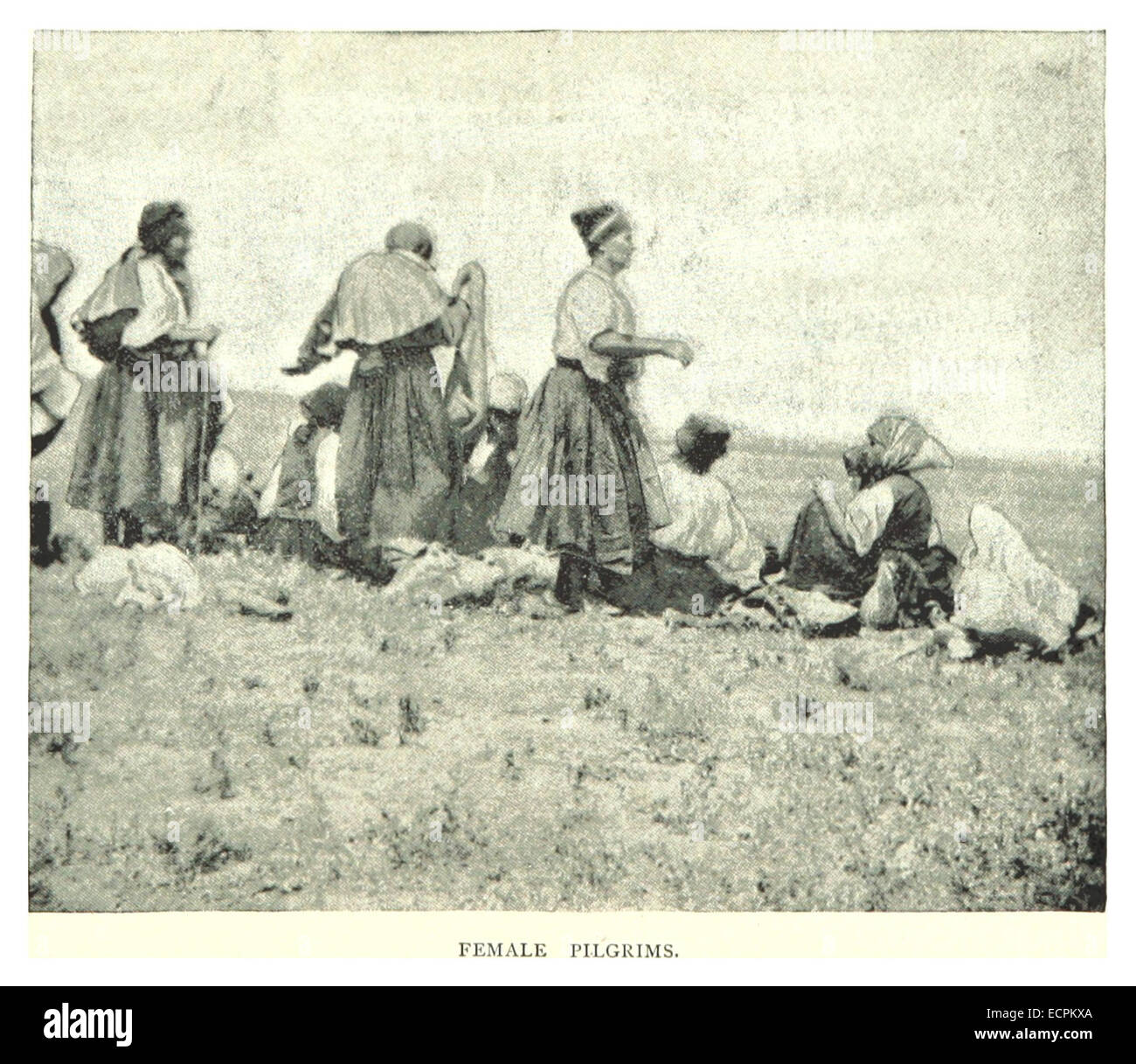 This 1891 illustration by Stevens shows female pilgrims traveling in Russia, reflecting the period’s religious and cultural customs of pilgrimage. Stock Photo