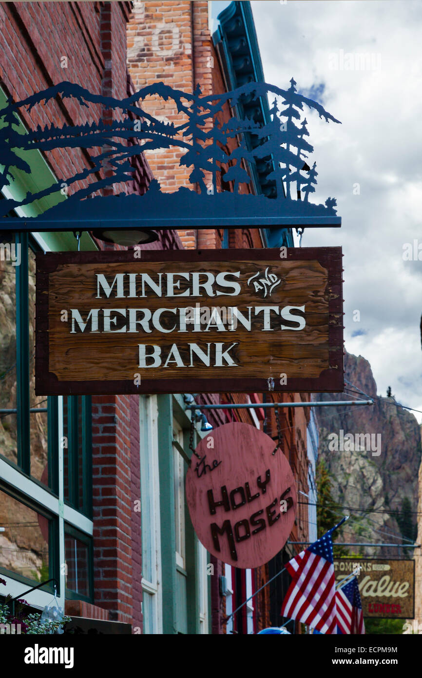 MINERS MERCHANT BANK on the main street of CREEDE COLORADO, a silver mining town dating back to the mid 1800's which is now a to Stock Photo