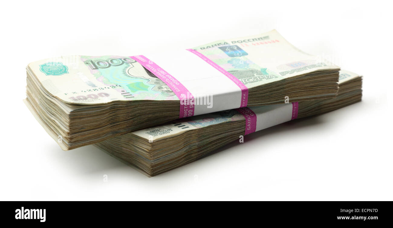 Pile of money in wrapper in closeup Stock Photo