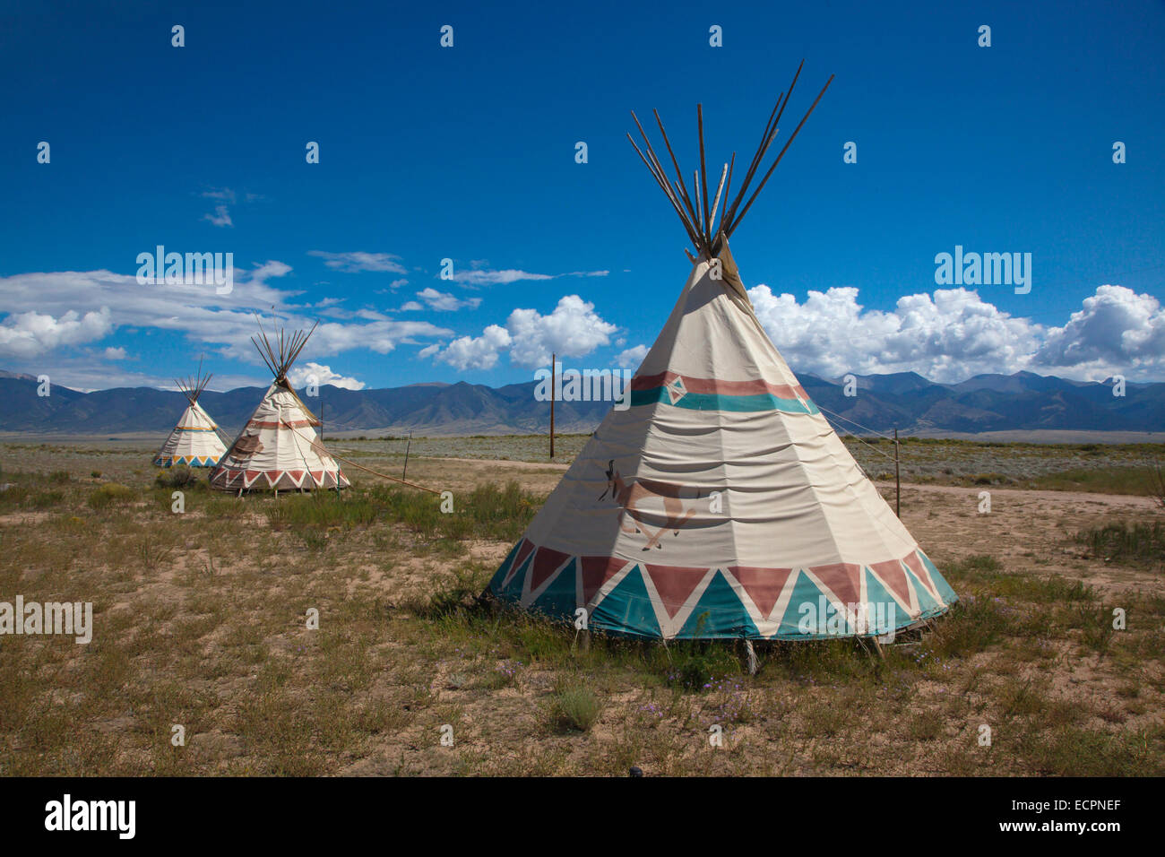 TEEPEES are used as accomodations at JOYFUL JOURNEYS HOT SPRINGS - MOFFAT COLORADO Stock Photo