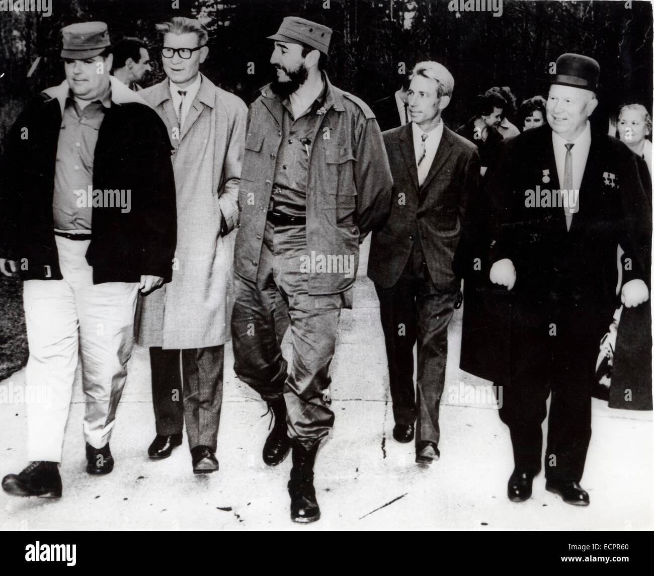The US and Cuba announced an agreement between the two countries that will be a first step toward normalizing relations. PICTURED: Feb. 16, 1965 - Havana, Cuba - FIDEL ALEJANDRO CASTRO RUIZ (born August 13, 1926) has been the ruler of Cuba since 1959, when, leading the 26th of July Movement, he overthrew the regime of Fulgencio Batista. PICTURED: Major Castro out walking with Emilio Navarro and NIKITA KHRUSHCHEV. © KEYSTONE Pictures USA/ZUMAPRESS.com/Alamy Live News Stock Photo