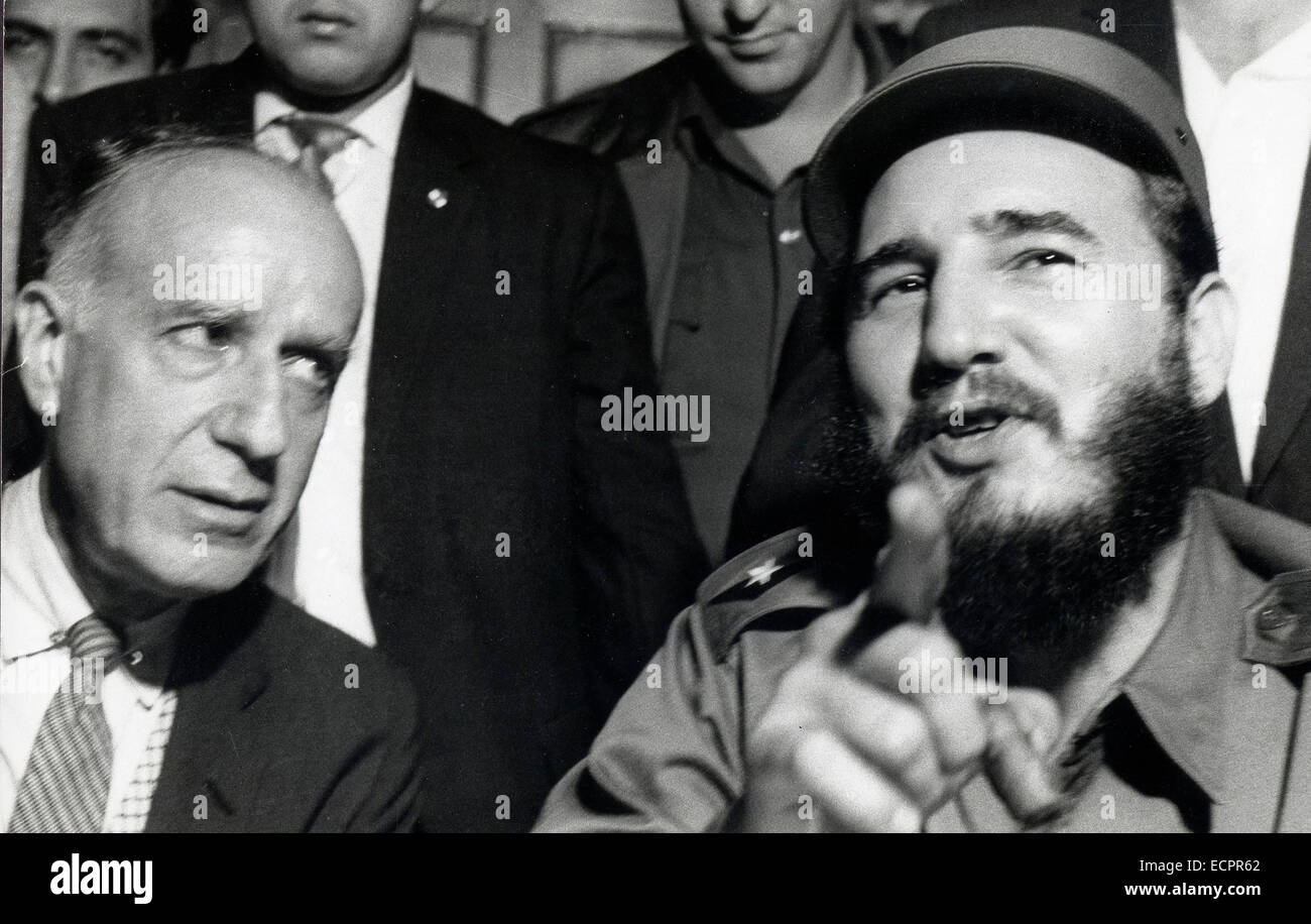 The US and Cuba announced an agreement between the two countries that will be a first step toward normalizing relations. PICTURED: Feb 02, 1961 - New York, New York, USA - FIDEL ALEJANDRO CASTRO RUIZ (born August 13, 1926) has been the ruler of Cuba since 1959, when, leading the 26th of July Movement, he overthrew the regime of Fulgencio Batista. In the years that followed he oversaw the transformation of Cuba into the first Communist state in the Western Hemisphere. PICTURED: FIDEL CASTRO and HERBERT MATHEWS editorial writer of the NY Times. (Credit Image: © KEYSTONE Pictures USA/ZUMAPRESS.co Stock Photo