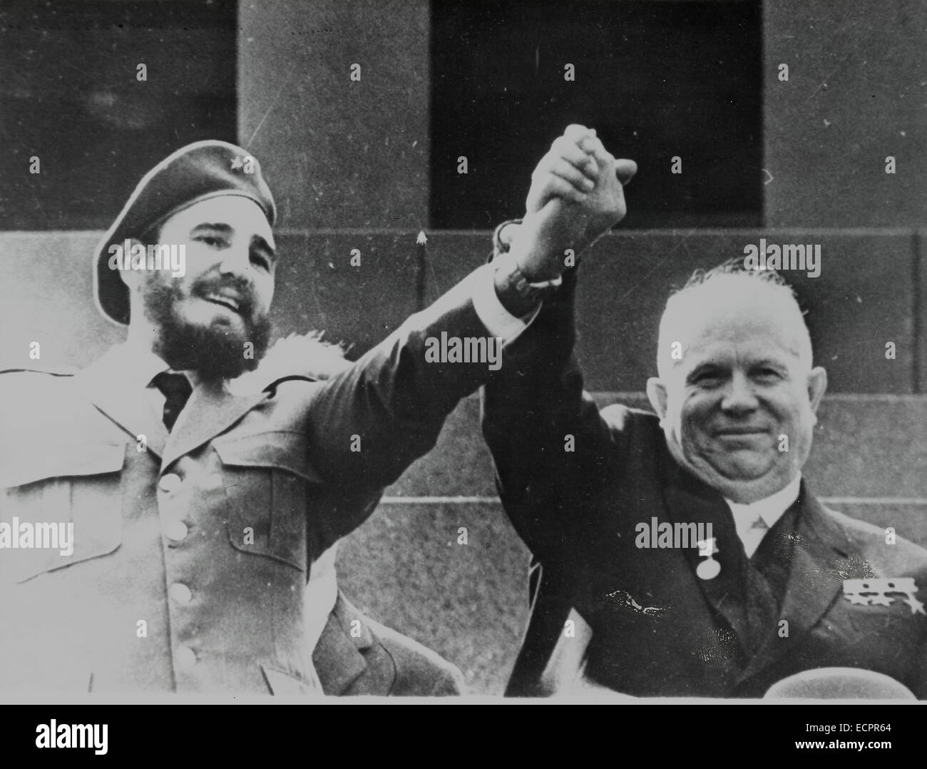 The US and Cuba announced an agreement between the two countries that will be a first step toward normalizing relations. PICTURED: Feb 02, 1961 - Havana, Cuba - FIDEL ALEJANDRO CASTRO RUIZ (born August 13, 1926) has been the ruler of Cuba since 1959, when, leading the 26th of July Movement, he overthrew the regime of Fulgencio Batista. In the years that followed he oversaw the transformation of Cuba into the first Communist state in the Western Hemisphere. PICTURED: NIKITA KHRUSHCHEV and FIDEL CASTRO holds while watching the parade. © KEYSTONE Pictures USA/ZUMAPRESS.com/Alamy Live News Stock Photo