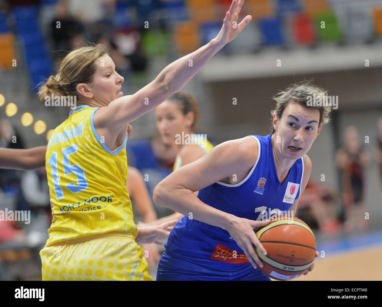 From left Eva Viteckova of USK and Elodie Godin of Montpellier fight for ball during the Women's