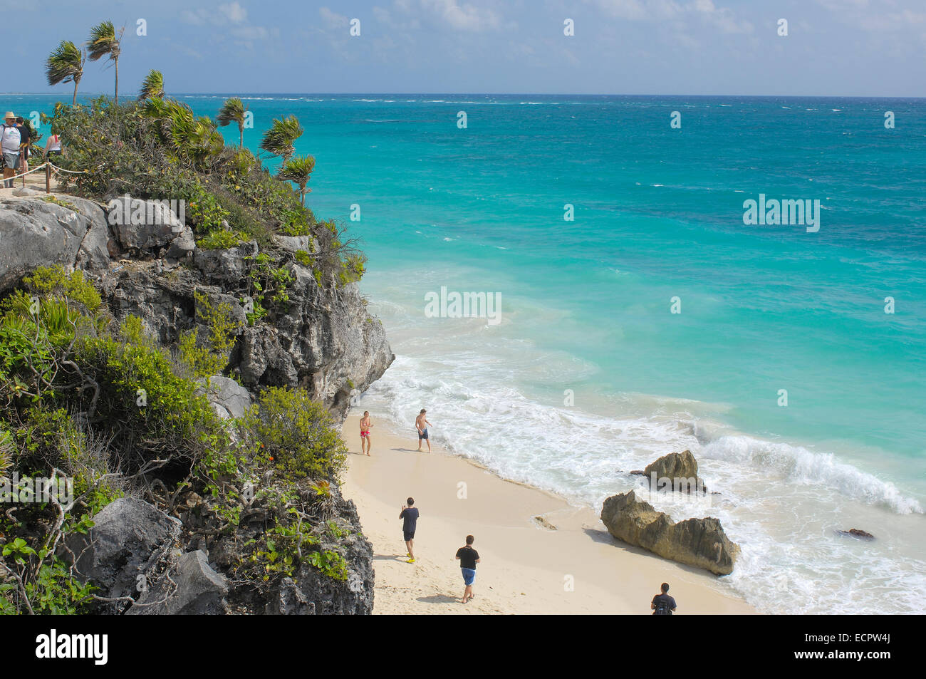 Beach at Mayan ruins of Tulum, 1200-1524, Tulum, Quintana Roo state, Mayan Riviera, Yucatan Peninsula, Mexico Stock Photo