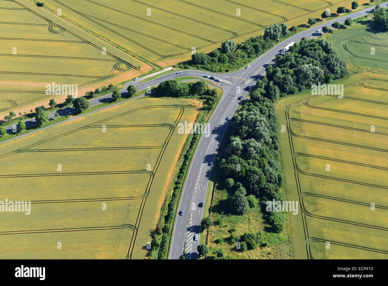 Aerial picture from a crossroad of the a-road 65 near Empelde surrounded by fields, 22 July 2013 Stock Photo