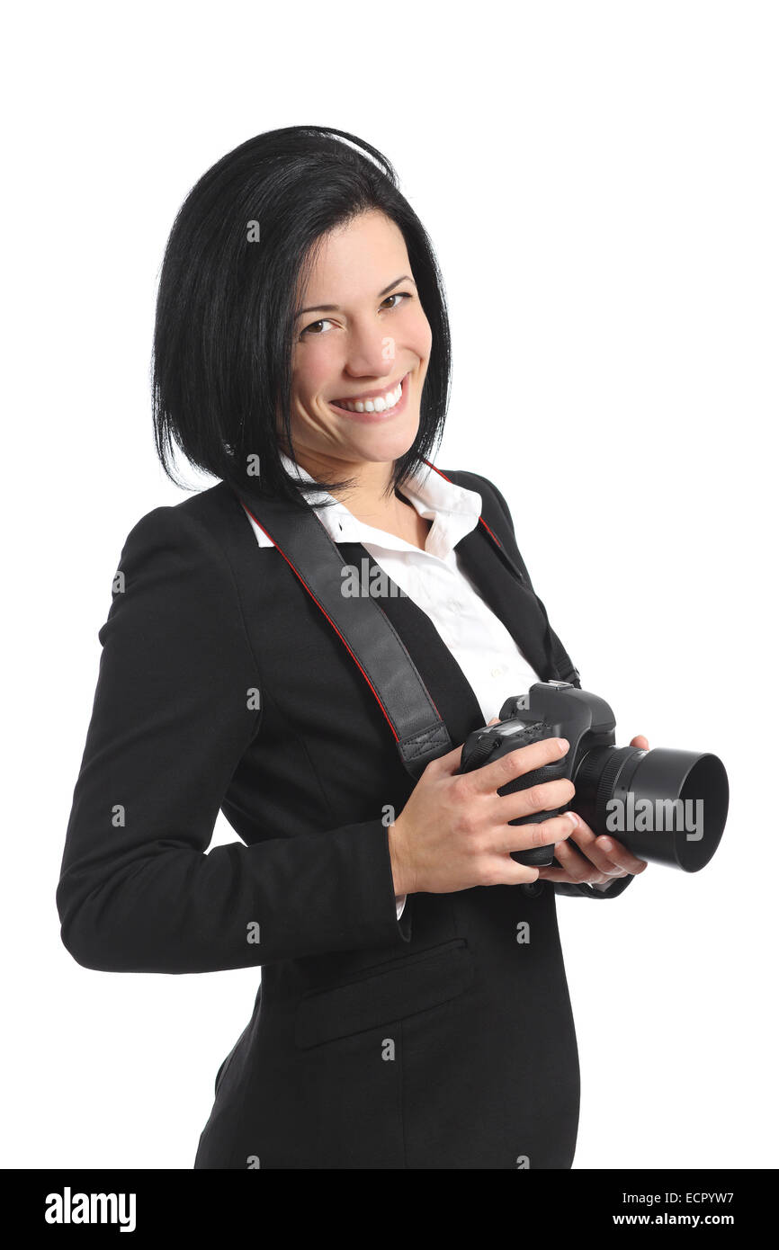Professional photographer woman holding a dslr camera isolated on a white background Stock Photo