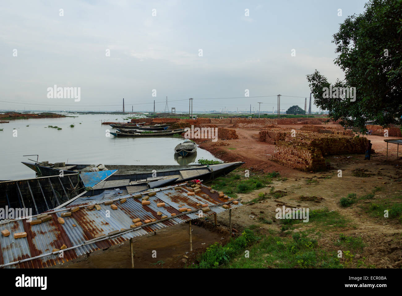 brick factory near a river in savar, bangladesh Stock Photo
