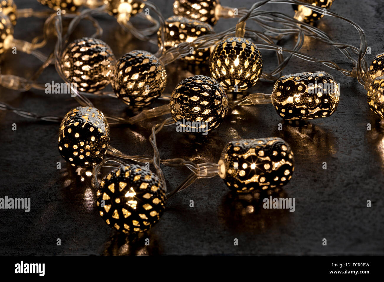 Christmas lights. Silver lanterns made in India, with LED bulbs inside. Stock Photo