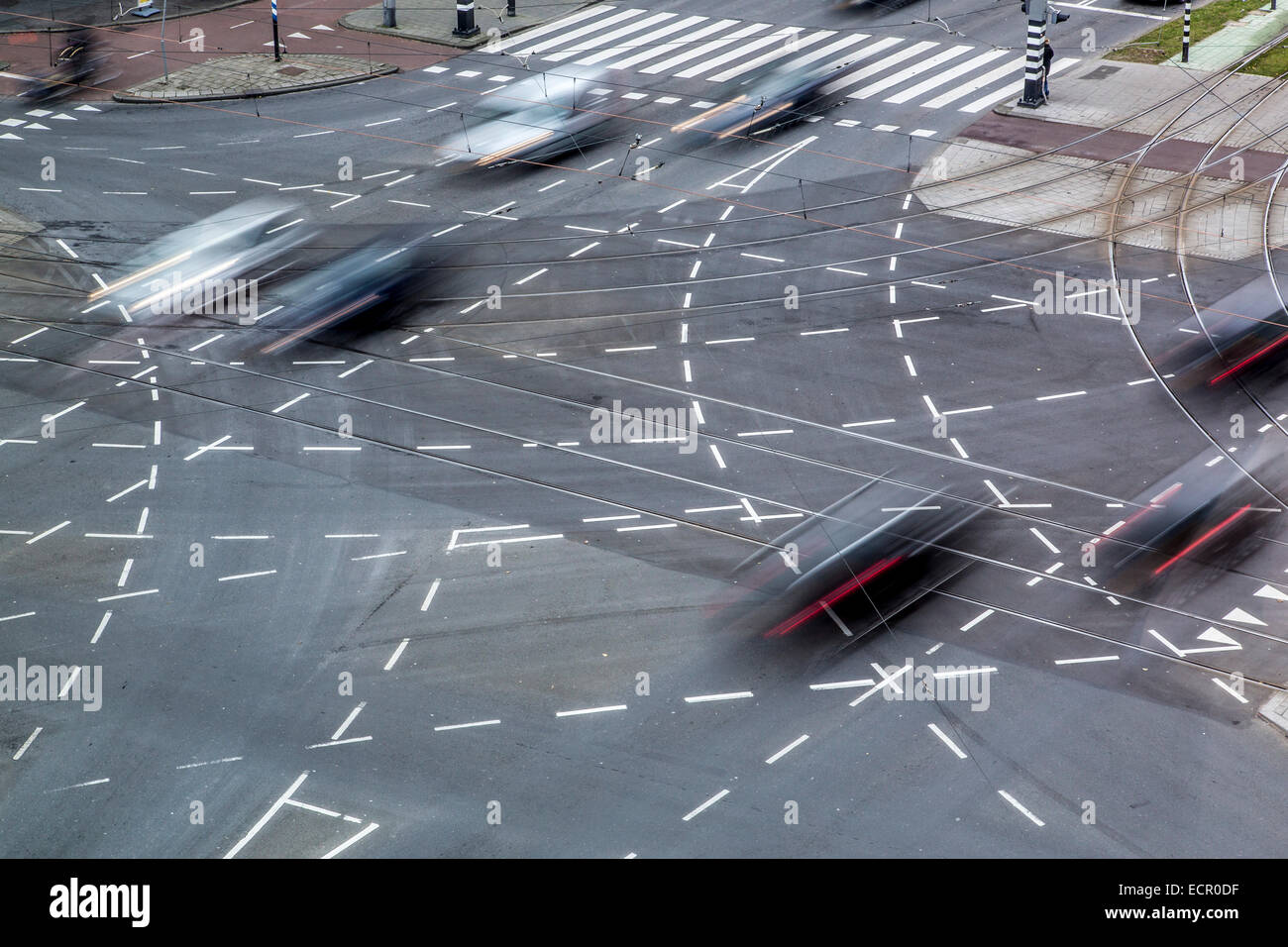 Great Road intersection, road markings for various turning lanes Stock