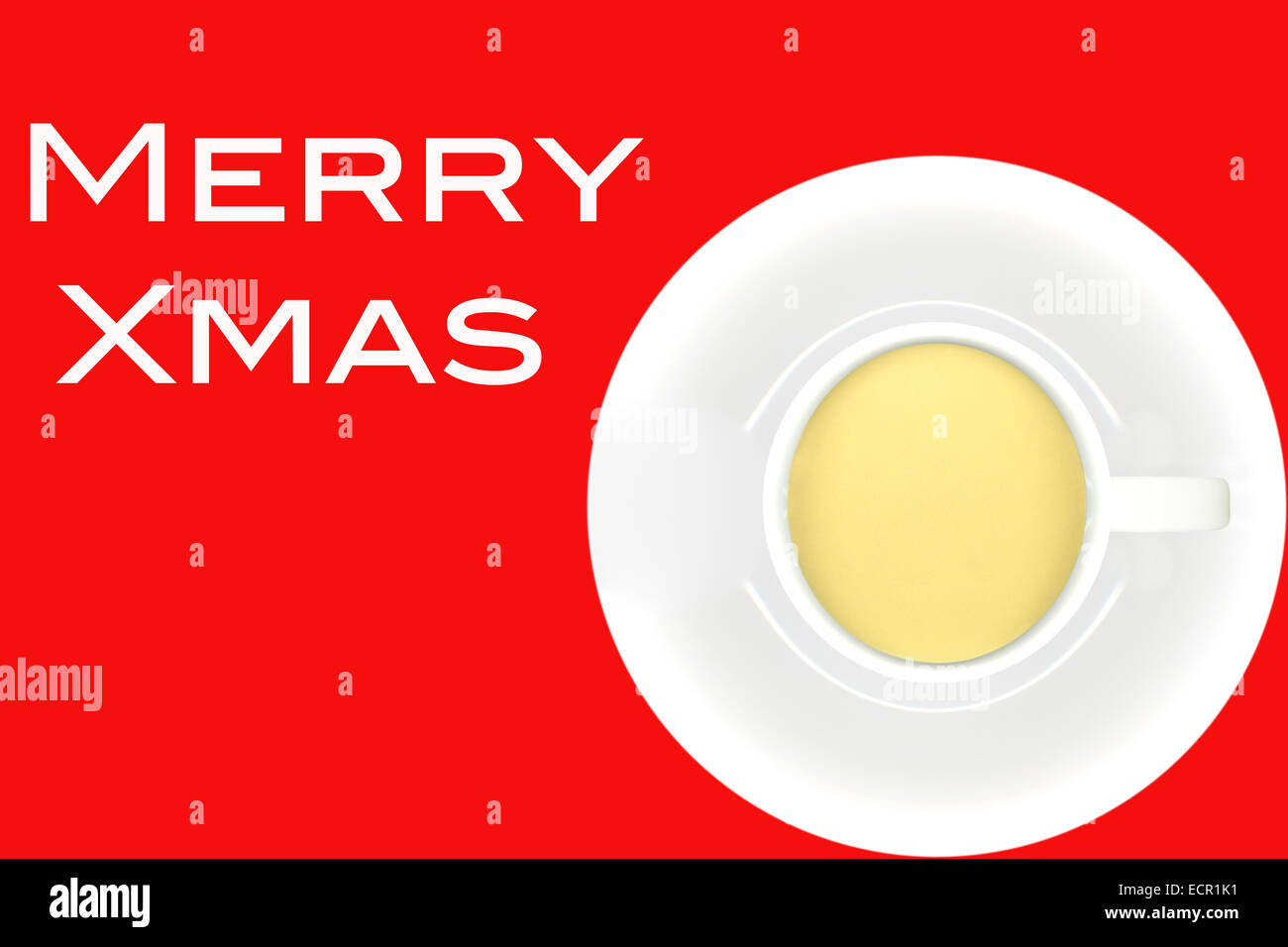 Cup of egg nog and saucer on red background with words MERRY XMAS in white letters. Stock Photo