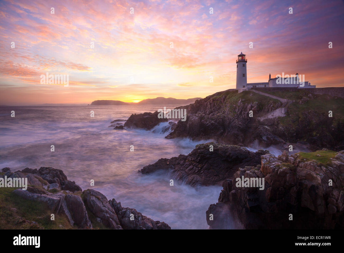 Sunrise over Fanad Head Lighthouse, Fanad Head, County Donegal, Ireland. Stock Photo