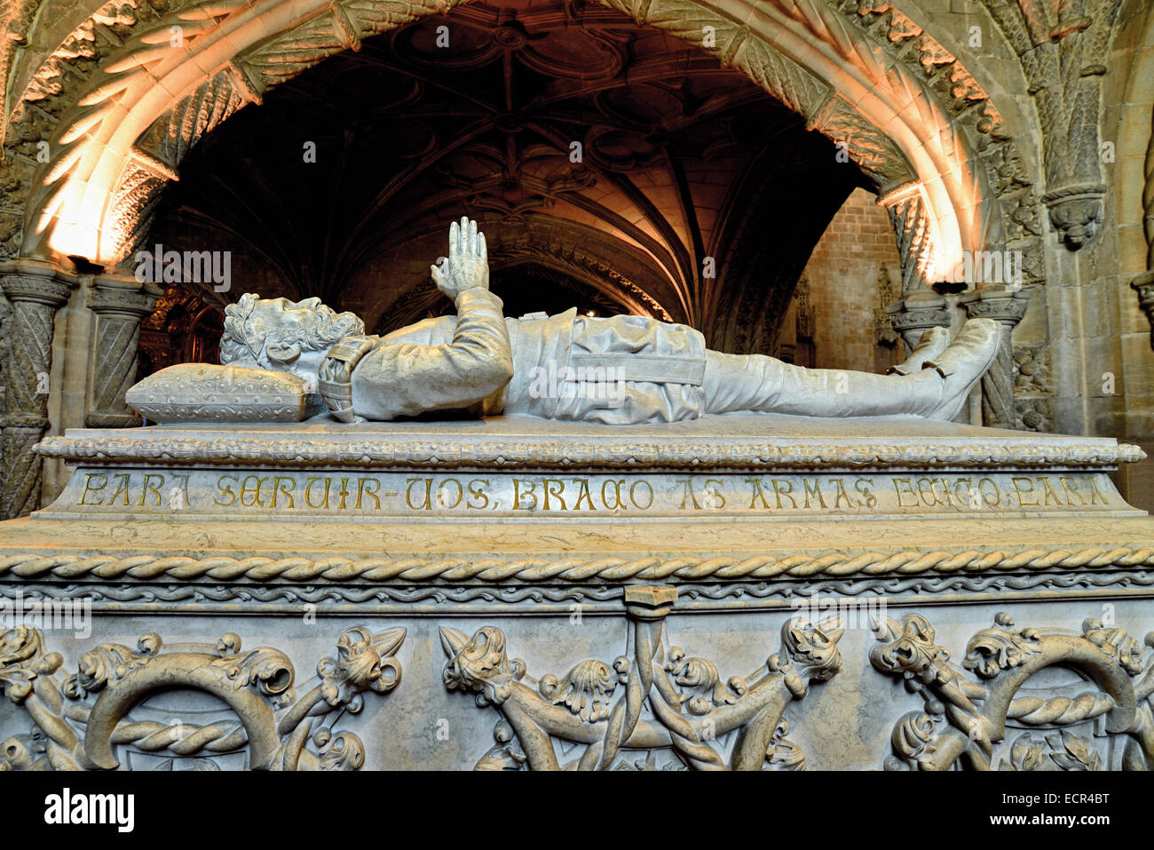Portugal, Lisbon: Tomb of the national poet Luís Vaz de Camões in the St. Mary church of Jeronimos Monastery in Belém Stock Photo