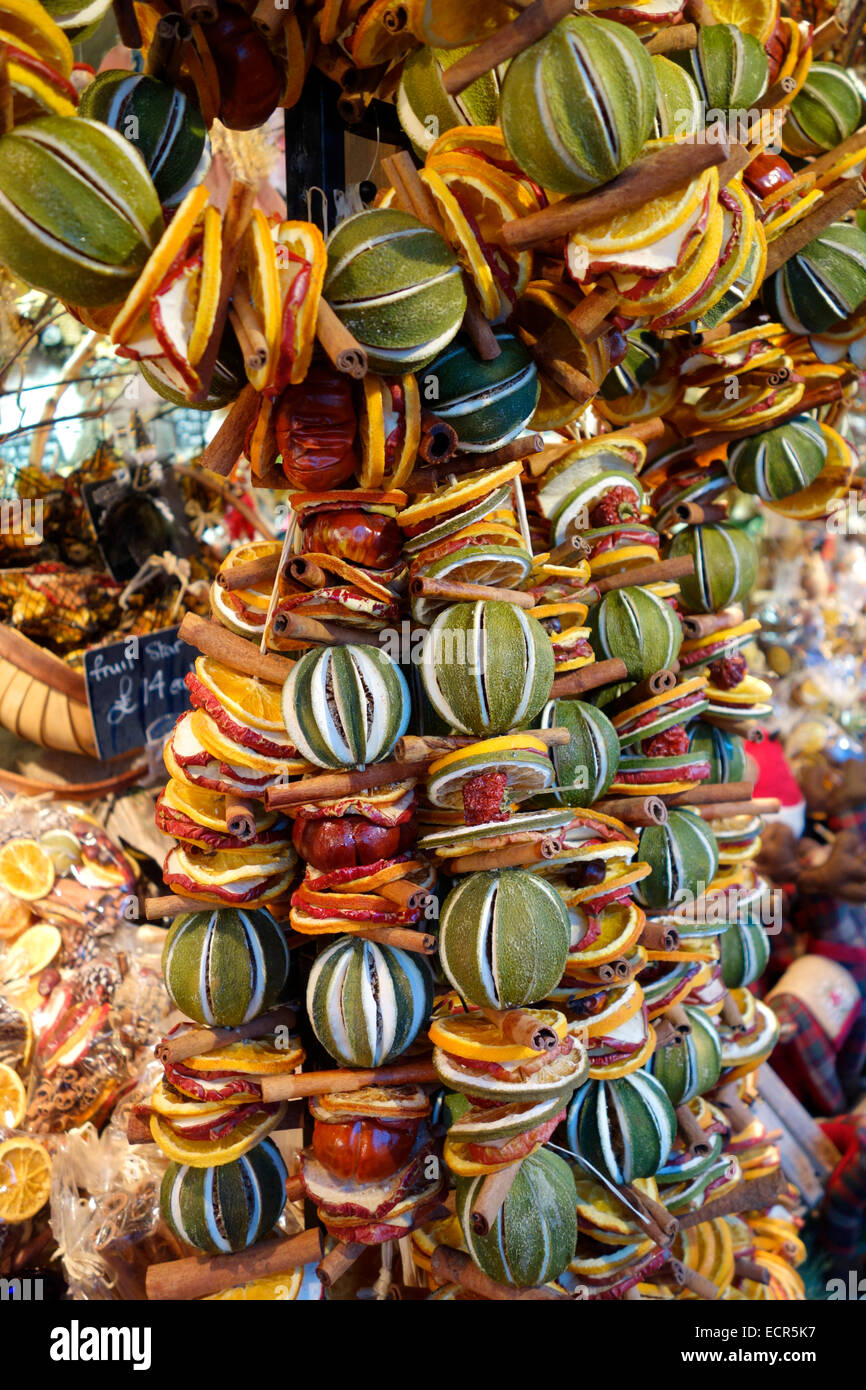Garlands of dried fruits at the Edinburgh Christmas Market Stock Photo
