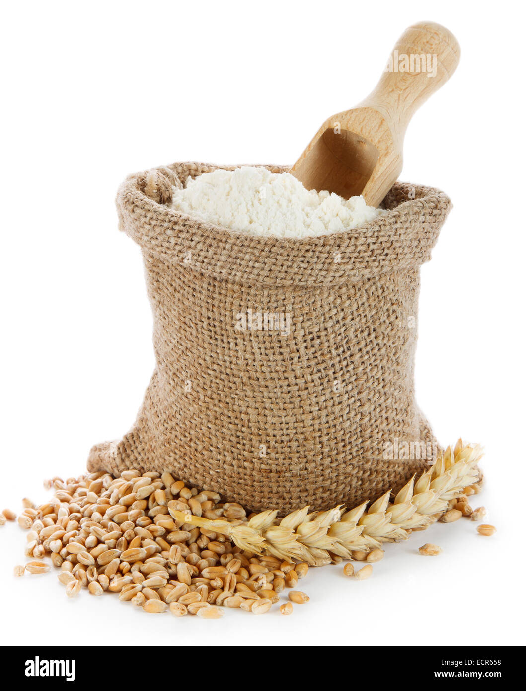 Wheat seed and flour in small burlap sack Stock Photo