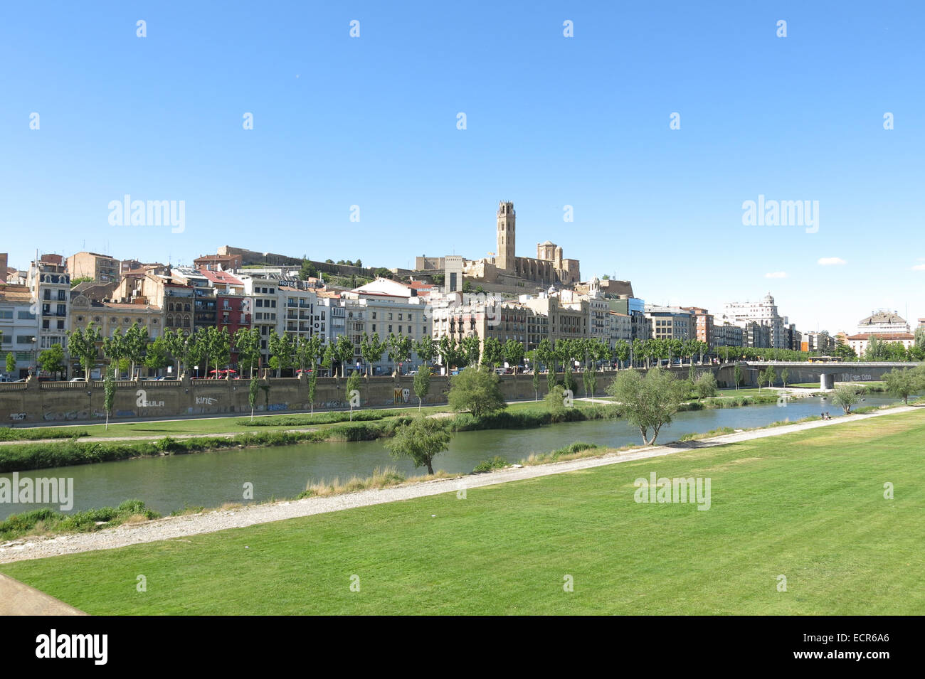 Panorama of Lleida. In the background the Seu (Old Cathedral). Catalonia, Spain. Stock Photo